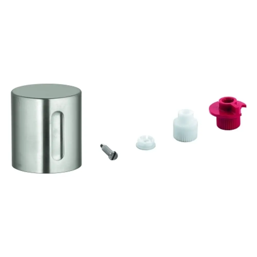 GROHE Griff mit metallischem Gehäuse und mehreren Zubehörteilen. Enthält Schraube und verschiedene Aufsätze in unterschiedlichen Farben.
