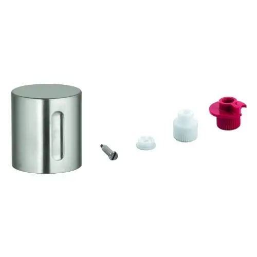 GROHE Griff mit metallischem Gehäuse und mehreren Zubehörteilen. Enthält Schraube und verschiedene Aufsätze in unterschiedlichen Farben.