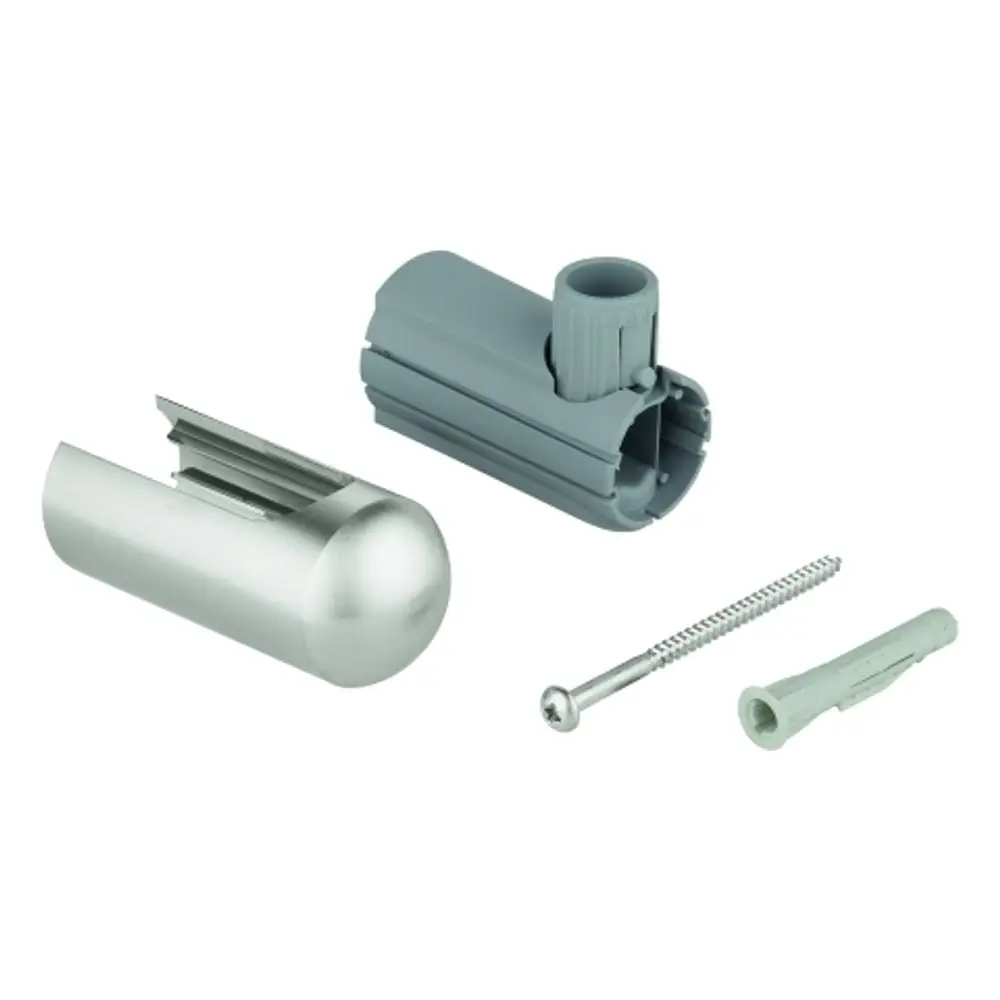 GROHE Halterung für Duschstangen, bestehend aus einem runden Metallteil und einer Kunststoffhalterung, begleitet von einer Schraube und einer Dübel.