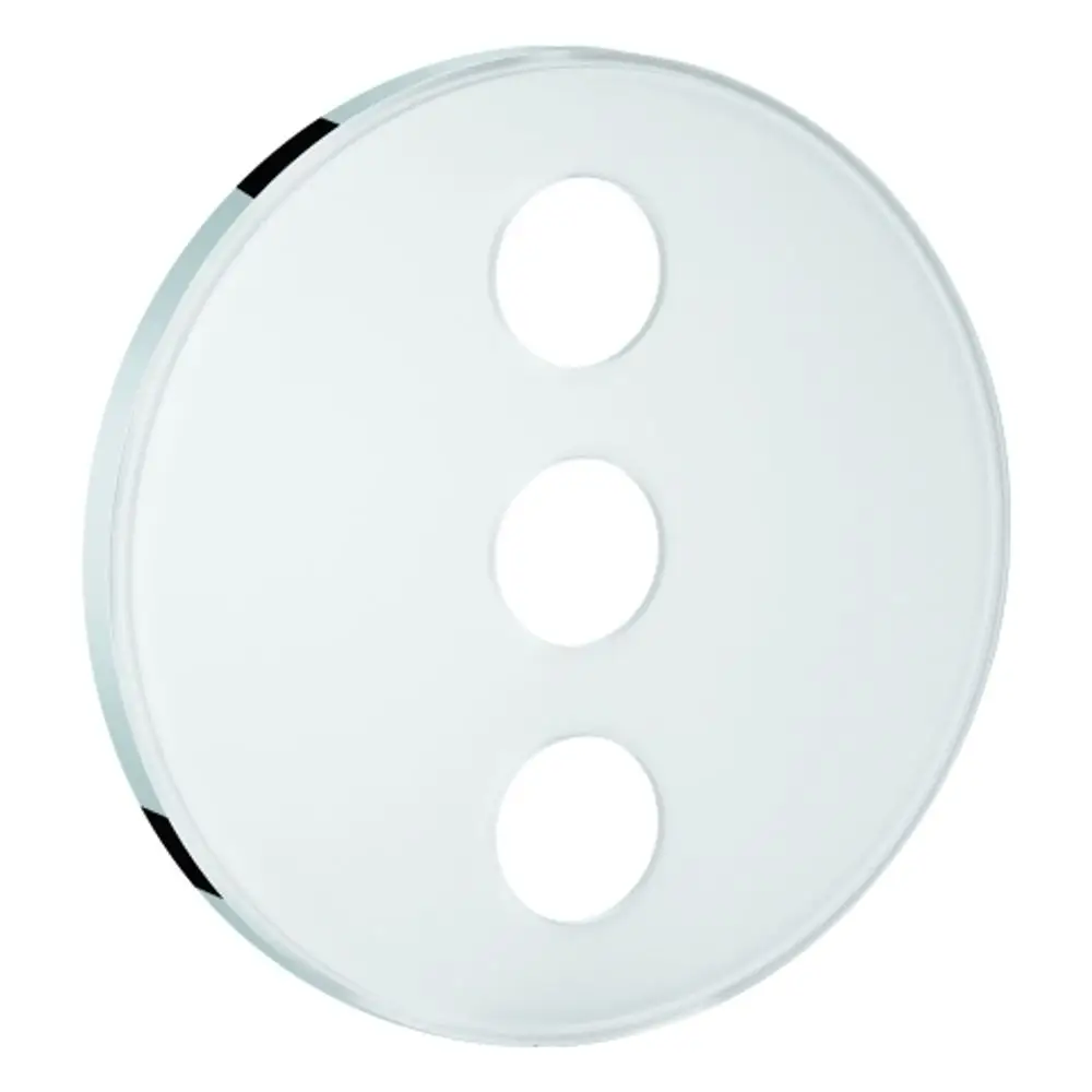Runde Rosette in moon white von Grohe mit drei gleichmäßig angeordneten Öffnungen. Der Rand ist transparent mit minimalistischen Designelementen.