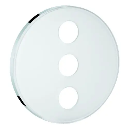 Runde Rosette in moon white von Grohe mit drei gleichmäßig angeordneten Öffnungen. Der Rand ist transparent mit minimalistischen Designelementen.