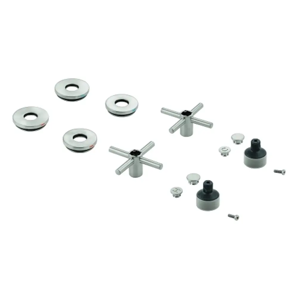 Grohe Kreuzgriffe in glänzendem Metall mit verchromten Oberflächen. Set besteht aus zwei Griffen und verschiedenen Montageschrauben und -teilen. Ideal für Badezimmerarmaturen.