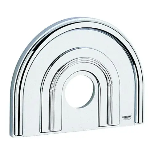 Helle chromfarbene Rosette von Grohe mit gebogenem Design und einem zentralen Loch, geeignet für die Montage eines Duschsets.