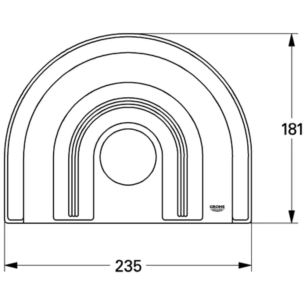 GROHE Rosette mit abgerundeten Bögen und kreisförmiger Mitte, dargestellt in einer technischen Zeichnung, mit Maßangaben für Breite und Höhe.