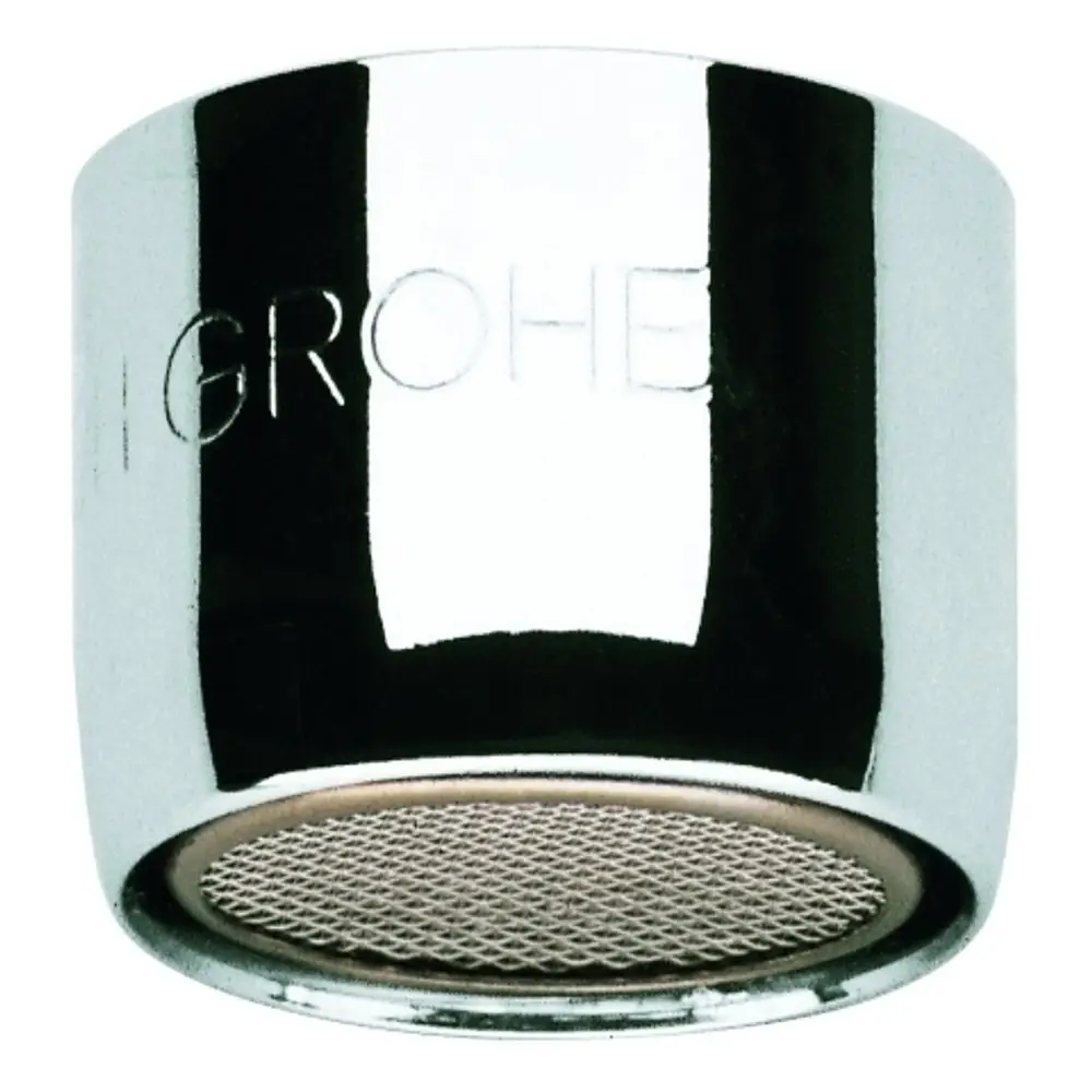 Metallische Strahlreglerblende von Grohe mit feinmaschigem Sieb im Inneren, glänzende Oberfläche.