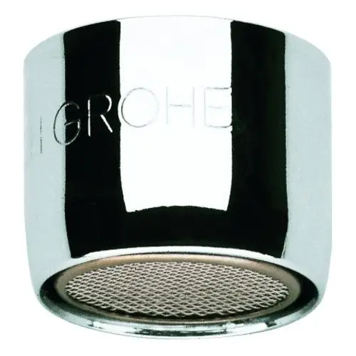 Metallische Strahlreglerblende von Grohe mit feinmaschigem Sieb im Inneren, glänzende Oberfläche.