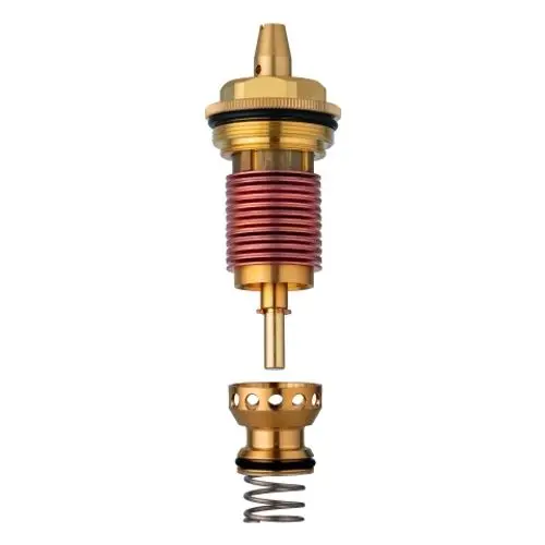 GROHE Thermoelement mit Bimetallkomponente, bestehend aus mehreren Teilen einschließlich eines Gewindeteils, einer Feder und einer Dichtung, in metallischem Design.
