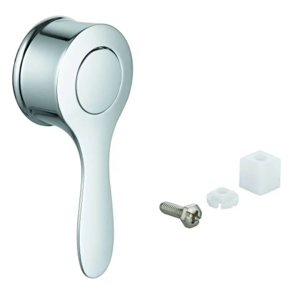 GROHE Hebel in chromfarbener Ausführung, verbunden mit einem runden Griff und einer Schraube sowie zwei Kunststoffteilen für die Montage.