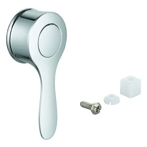 GROHE Hebel in chromfarbener Ausführung, verbunden mit einem runden Griff und einer Schraube sowie zwei Kunststoffteilen für die Montage.