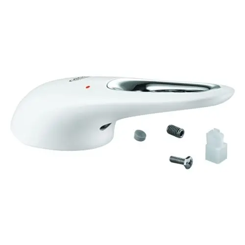 Weißer Hebel von Grohe mit silberner Oberfläche und rot leuchtender Anzeige. Im Bild sind zwei Schrauben und kleine Zubehörteile zu sehen.