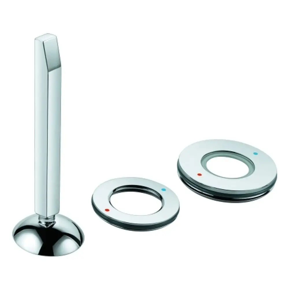 GROHE Hebel in chrom, bestehend aus einem vertikalen Hebel und zwei runden Platten mit farblichen Markierungen für Warm- und Kaltwasser.