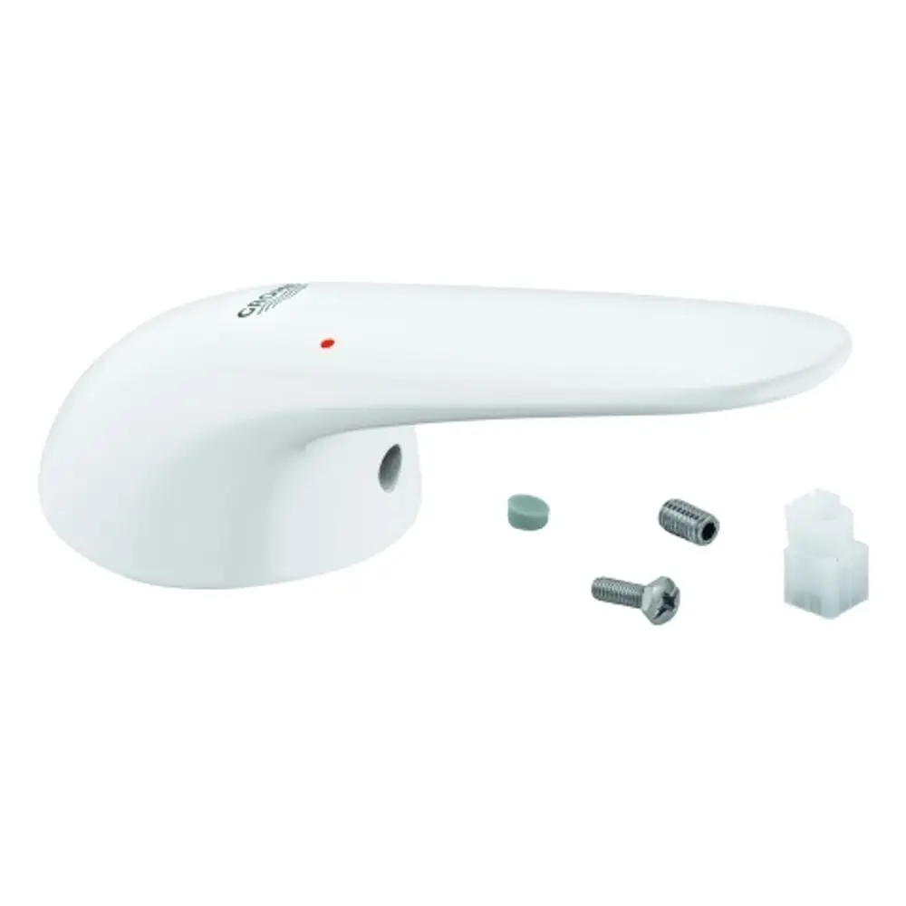 Weißer Hebel von Grohe mit einer roten Kontrollleuchte, ergänzt durch zwei Schrauben, einen Gummipuffer und einen Kunststoffstecker.