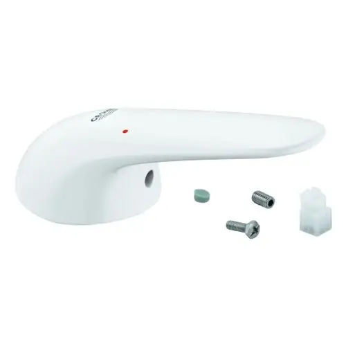 Weißer Hebel von Grohe mit einer roten Kontrollleuchte, ergänzt durch zwei Schrauben, einen Gummipuffer und einen Kunststoffstecker.