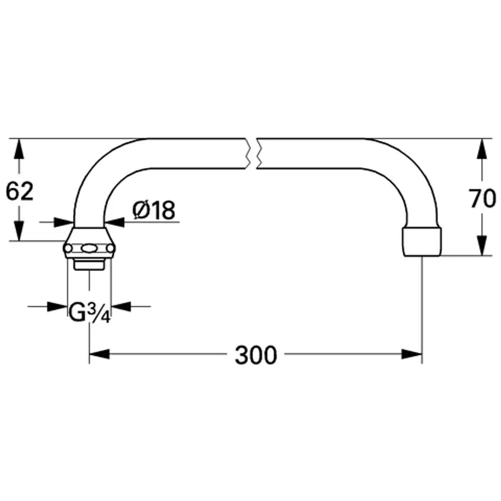 Grohe U-Auslauf mit gebogenem Rohr, G¾ Anschluss, Rohrdurchmesser 18 mm und zwei unterschiedlichen Abmessungen für die Ausladung, dargestellt in technischem Zeichnungsformat.