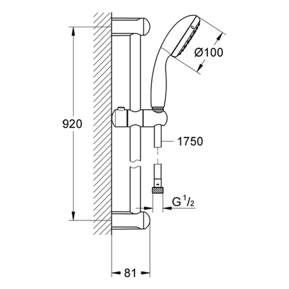 Brausegarnitur von Grohe, bestehend aus Handbrause und Halter, mit Detailzeichnung zur Wandmontage und Maßangaben, inkl. Anschlussdetails.
