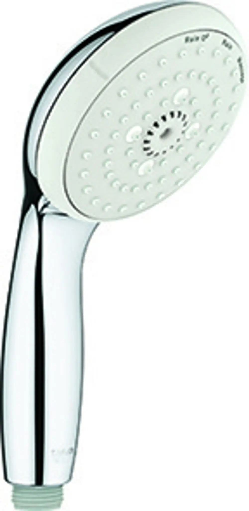 Grohe Handbrause mit verchromtem Griff und weißem Brauseboden. Das Design ermöglicht eine einfache Strahlumstellung für verschiedene Wasserflussarten.