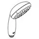 Handbrause von Grohe mit ergonomischem Griff und großzügiger Düsenauswahl. Weißer Brauseboden mit Wasserfluss von 9,5 l/min und verchromtem Finish.