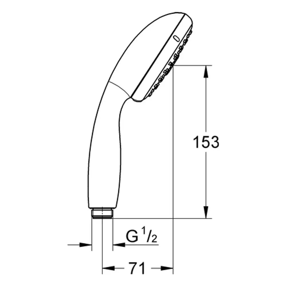 Handbrause von Grohe, mit einem schlanken Design und dreifacher Strahloption. Die Abmessungen sind im technischen Zeichnungsformat dargestellt.