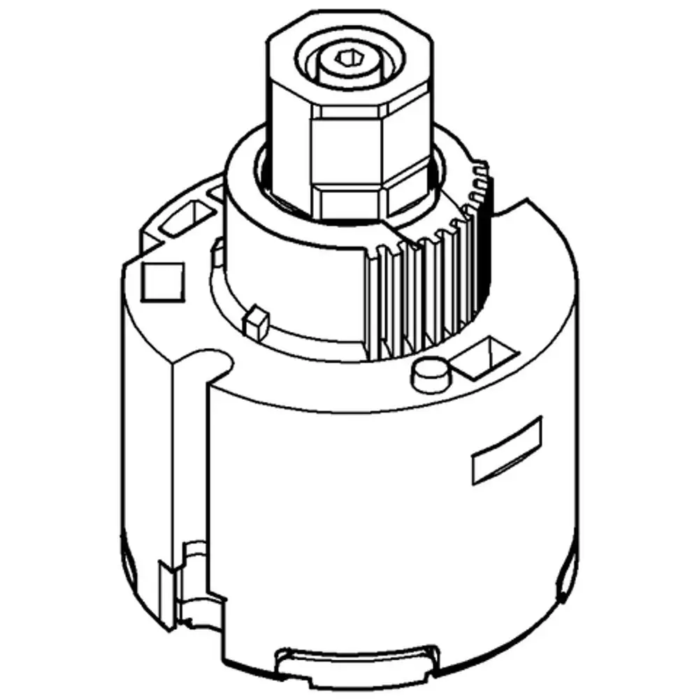 Keramikkartusche von Grohe, zylindrische Bauform mit oben liegendem Anschluss. Sichtbare Rillenstruktur auf der Seite und verschiedene Montagepunkte.