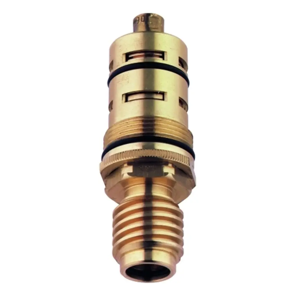 GROHE Thermoelement in Goldfarbe mit Gewinde, zwei Dichtungsringen und mehreren Schlitzen für Temperaturregelung. Klar erkennbares Design ohne zusätzliche Beschriftungen.