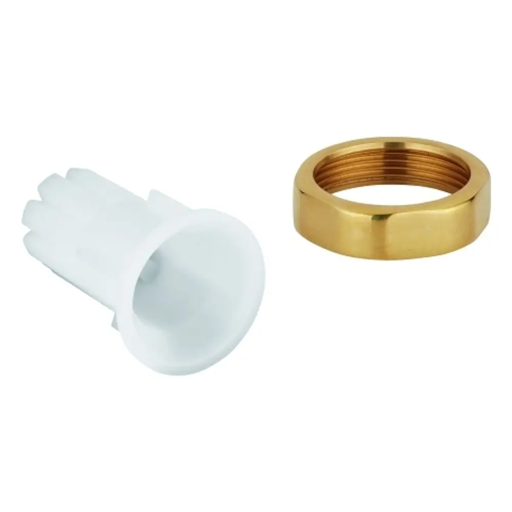 Zwei Teile eines GROHE Produkts: ein weißer Kunststoffkörper mit mehreren Rillen und eine goldfarbene Metallmutter mit Innengewinde. Beide Komponenten sind für Sanitärinstallationen vorgesehen.