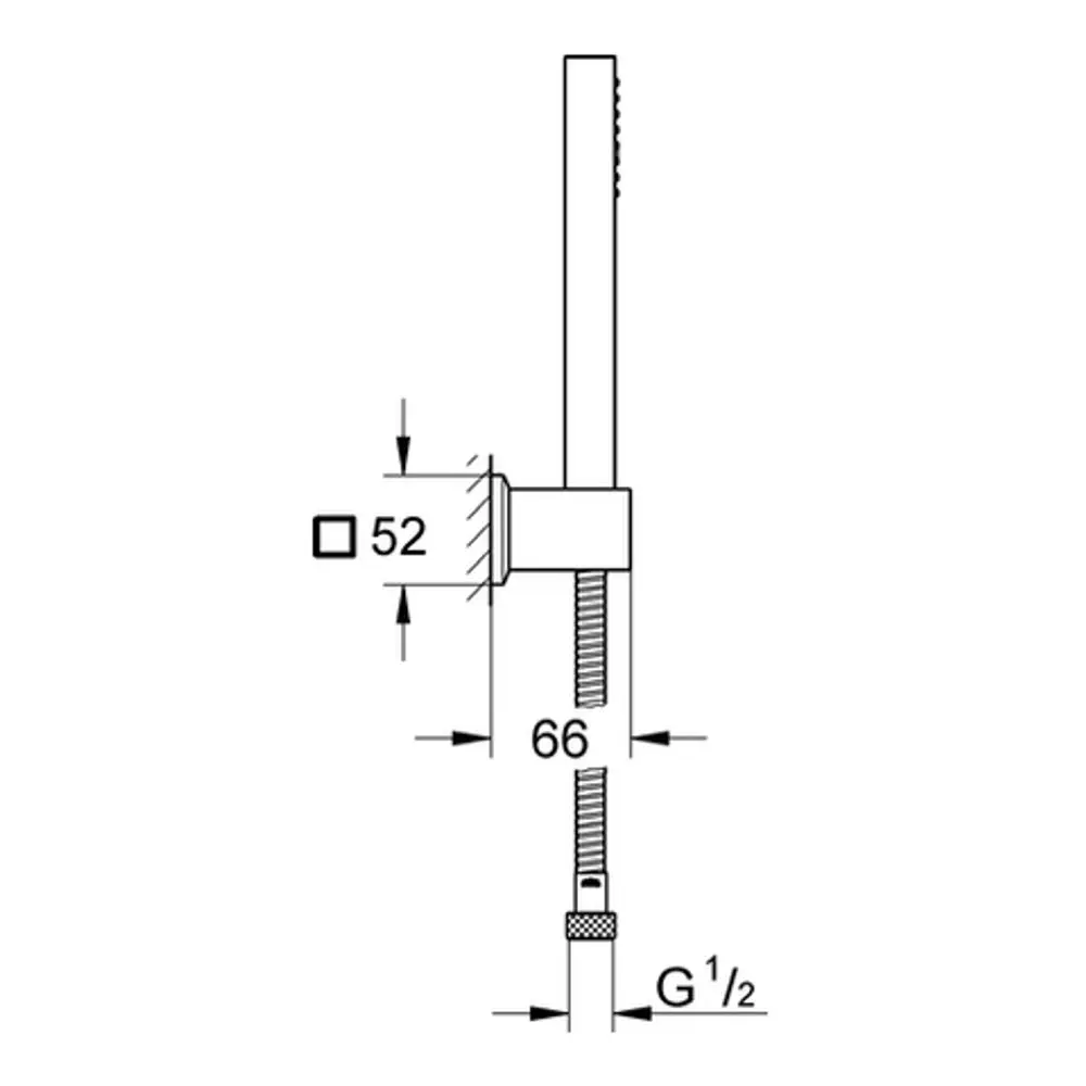 GROHE Wandhalterset mit einem vertikalen, chromfarbenen Halter für Duschstangen, sichtbar sind Abmessungen und Gewindeanschluss. Geometrisch und funktional gestaltet.