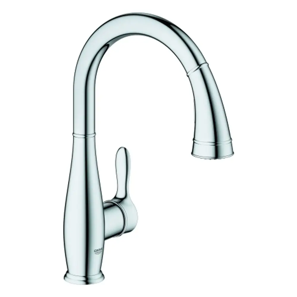 Grohe Küchenarmatur mit ausziehbarer Spülbrause und einem ergonomischen Hebel. Die Oberfläche ist in Chrom gehalten.