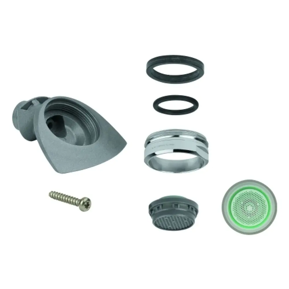 GROHE Mousseur-Set mit Außengewinde, besteht aus mehreren Einzelteilen, einschließlich Dichtungen, einer Schraube und einem Strahlregler in grauem und silbernem Finish.