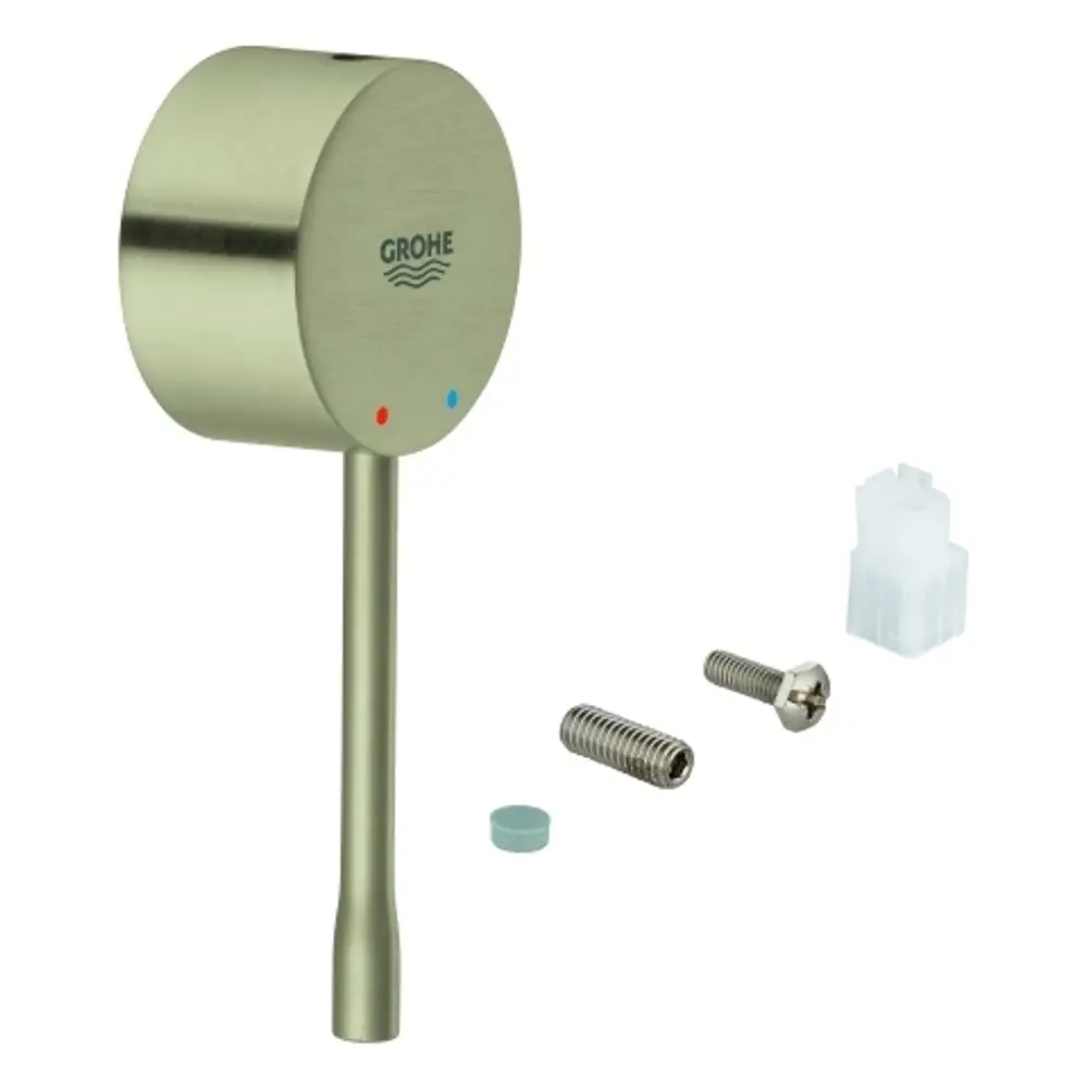 Hebel von Grohe in gebürstetem Nickel, mit zwei farbigen Punkten zur Temperaturanzeige, ergänzt durch Befestigungselemente und Zubehörteile.