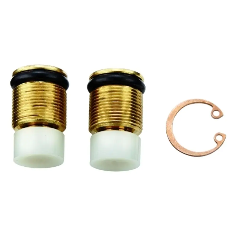Zwei metallene Absperrspindeln mit schwarzen O-Ringen und weißen Kunststoffenden sowie einem kupferfarbenen Sicherungsring, passend für Grohe Produkte.