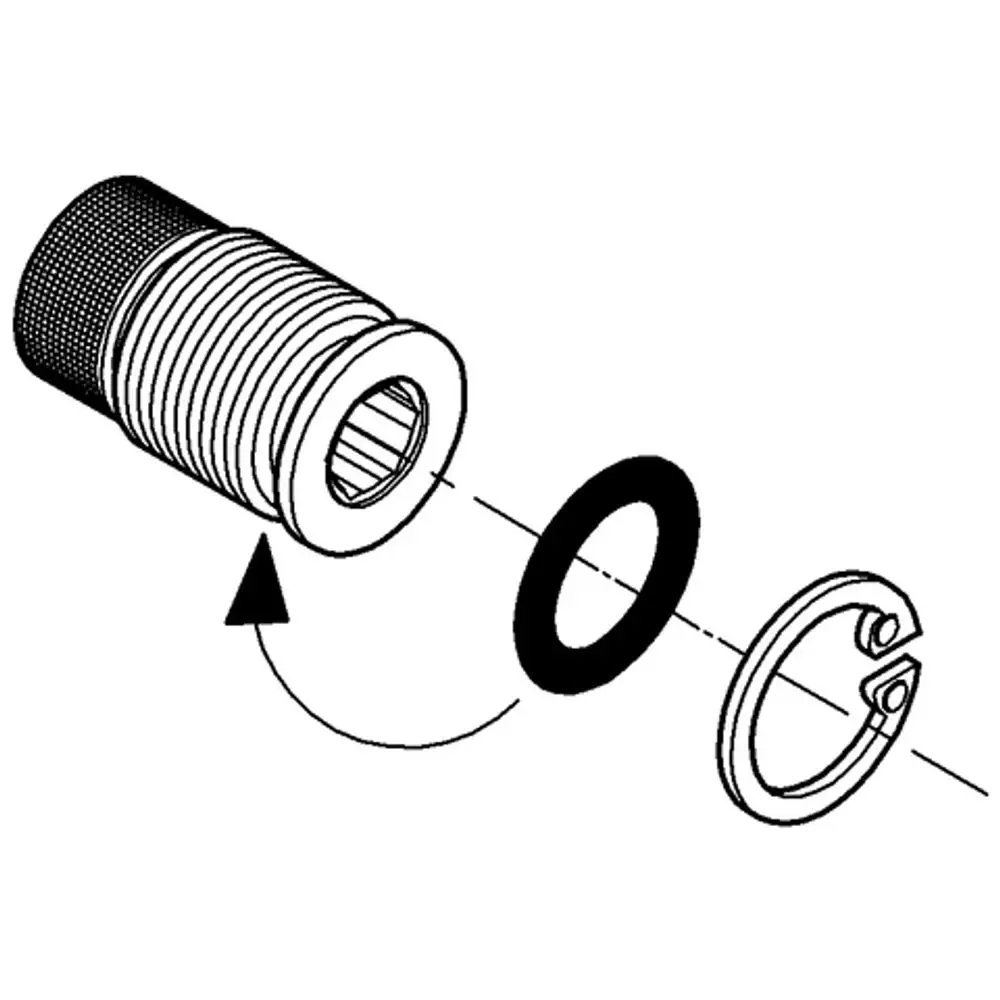 Grohe Produktillustration einer Absperrspindel mit einer Dichtung und einem Riegel, die zur Abdichtung und Sicherung von Rohrverbindungen verwendet wird.