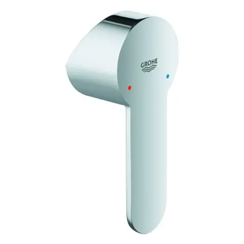 Chromfarbener Hebel von Grohe mit runder Kappe und einem Langgriff. An der Seite befinden sich rote und blaue Markierungen für Warm- und Kaltwasser.