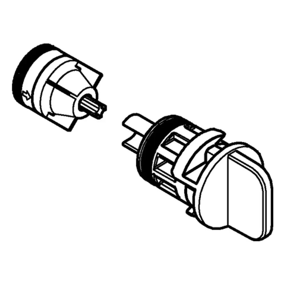 Zwei Teile eines Rückflussverhinderers von Grohe, bestehend aus einem zylindrischen Element mit einer Vertiefung und einem abgeschrägten Anschluss, die miteinander kombiniert werden.