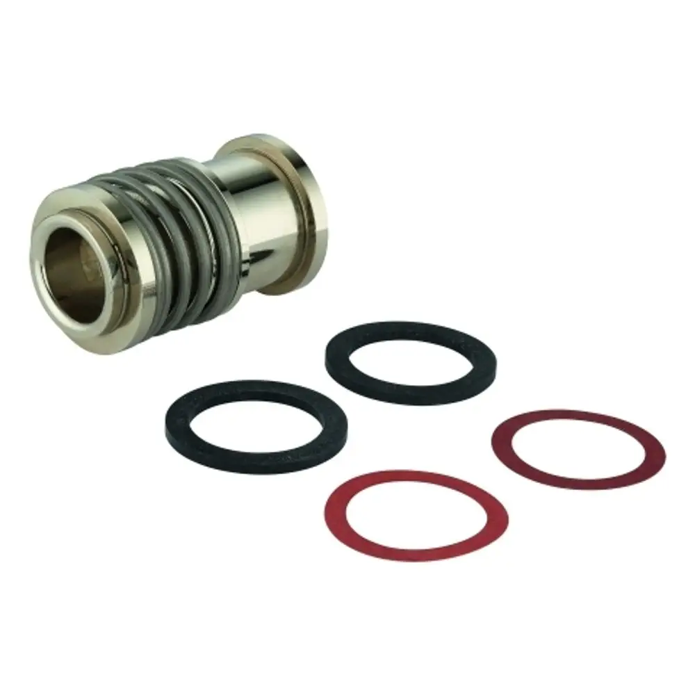 Grohe Ventilsteuerung mit mehreren Dichtungen in Schwarz und Rot, als Montageelement für Thermostate. Metallischer Körper mit geriffelter Struktur.