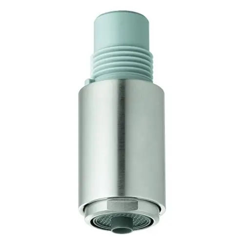 Edelstahl-Spülbrause mit einem hellblauen Kunststoffoberteil. Die Verbindung ist gewindeartig, geeignet für Grohe Produkte.