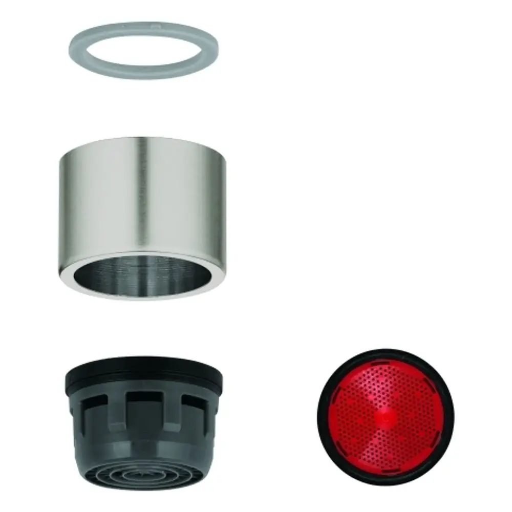 GROHE Produktbestandteile: eine metallische Zylinderkomponente, ein grauer Kunststoffboden, ein rotes Gitterelement und ein grauer O-Ring, angeordnet übereinander.