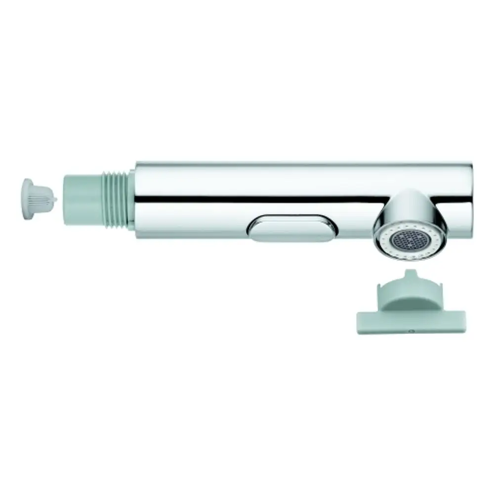 GROHE Spülbrause in Chrom-Optik mit angeschlossener Düse und einem separaten Halter. Die Oberflächen erscheinen glänzend und glatt.