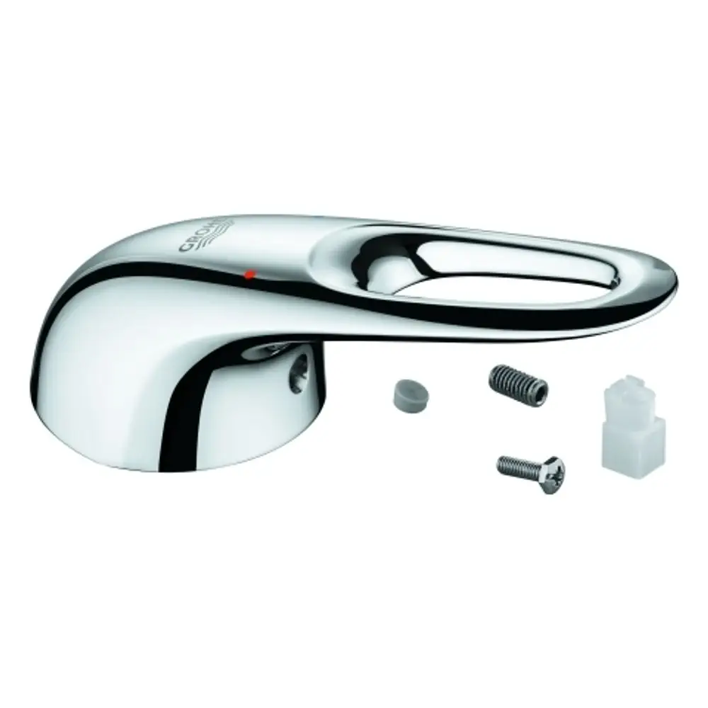 Grohe Hebel in Chrom mit einer schlichten, geschwungenen Form, versehen mit rotem und blauem Punkt zur Temperaturanzeige sowie Montageschrauben und Zubehörteilen.