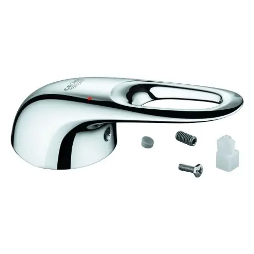 Grohe Hebel in Chrom mit einer schlichten, geschwungenen Form, versehen mit rotem und blauem Punkt zur Temperaturanzeige sowie Montageschrauben und Zubehörteilen.