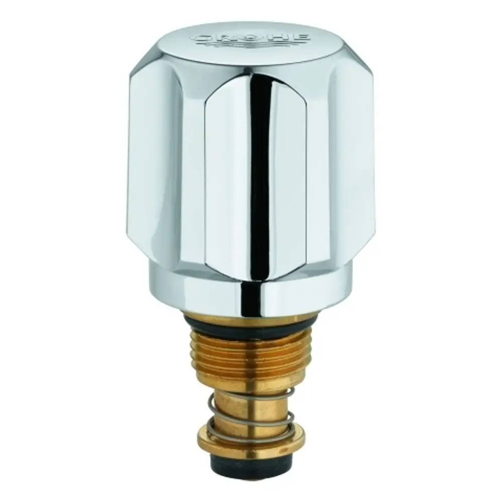 Grohe Produkt mit einem glänzenden, chromfarbenen Oberteil, das zur Steuerung des Wasserflusses dient. Das untere Ende ist gewindeartig und besteht aus Metall.