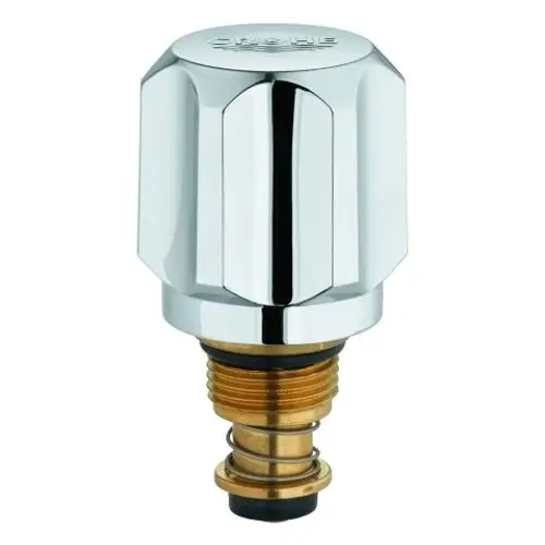 Grohe Produkt mit einem glänzenden, chromfarbenen Oberteil, das zur Steuerung des Wasserflusses dient. Das untere Ende ist gewindeartig und besteht aus Metall.