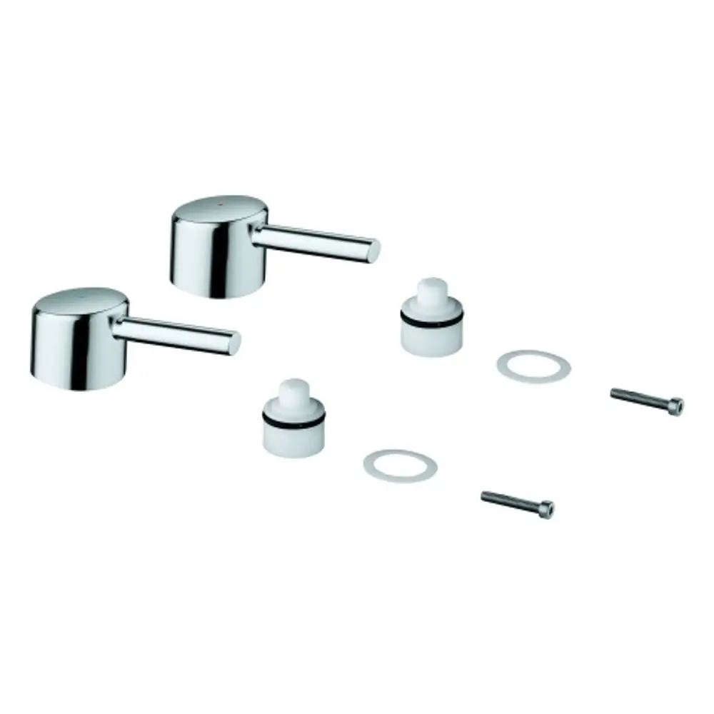 GROHE Griffpaar in Chrom mit blauer und roter Markierung, bestehend aus zwei Griffen, Dichtungen und Befestigungsschrauben zur Verwendung in Armaturen.