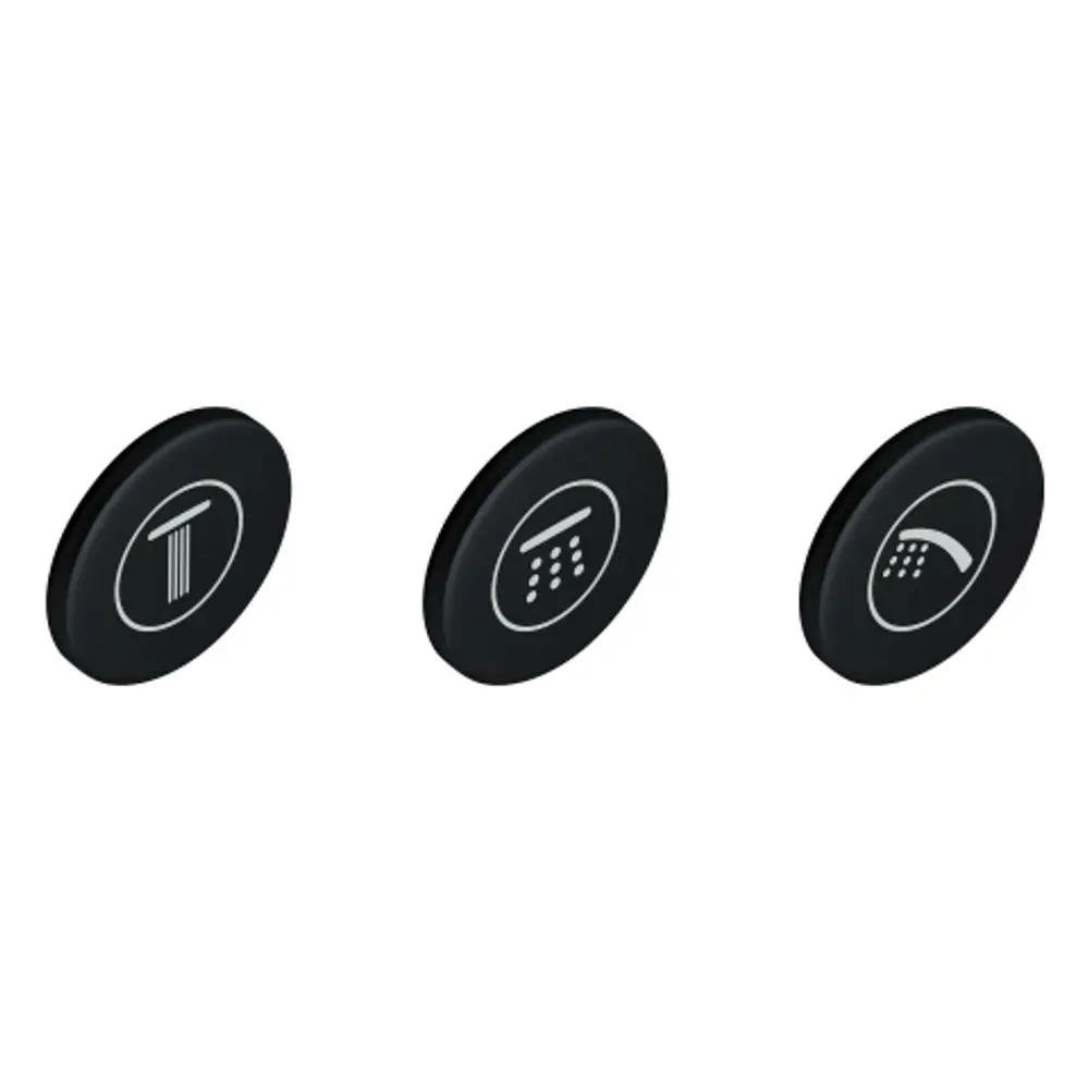 Drei schwarze Symbolkappen von Grohe mit verschiedenen Symbolen: Wasserhahn, Duschkopf und Nummerntastatur, zur Verwendung bei SmartControl Aufputzarmaturen.