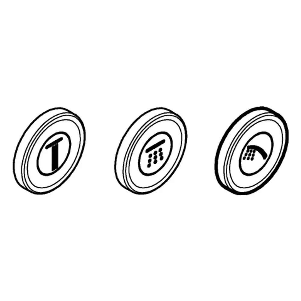 Drei runde Symbolkappen von Grohe mit unterschiedlichen Icons: ein "T", eine ansteigende Linie und eine gebogene Linie, wahrscheinlich für Steuerfunktionen.