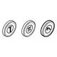 Drei runde Symbolkappen von Grohe mit unterschiedlichen Icons: ein "T", eine ansteigende Linie und eine gebogene Linie, wahrscheinlich für Steuerfunktionen.