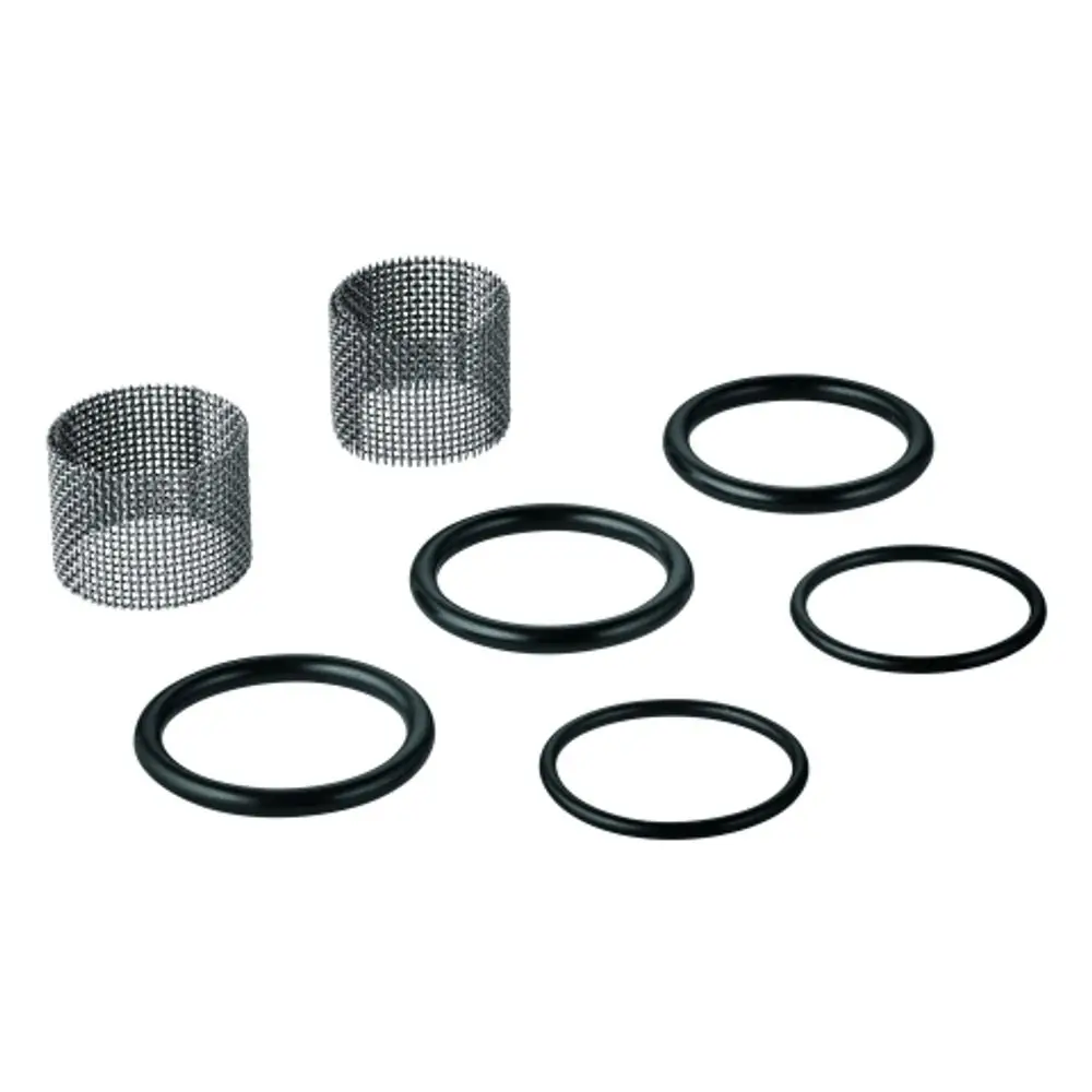 Set aus schwarzen Gummidichtungen und zwei Metallgittern, geeignet für Grohe Absperrventile. Dichtungsset zur Gewährleistung einer sicheren Abdichtung.