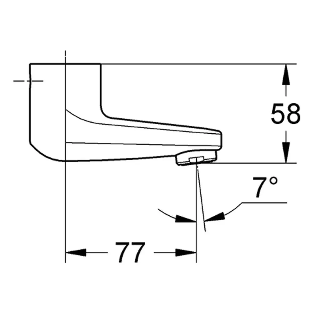 Gussauslauf von Grohe mit einer klaren Konturansicht, dargestellt in einer technischen Zeichnung mit Maßangaben und einem Neigungswinkel von 7°.