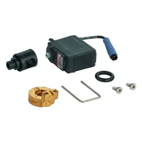 GROHE Servomotor mit Zubehörteilen, darunter eine schwarze Einheit, eine Kupplung, eine goldene Halterung, Schrauben und ein O-Ring in einem neutralen Umfeld.