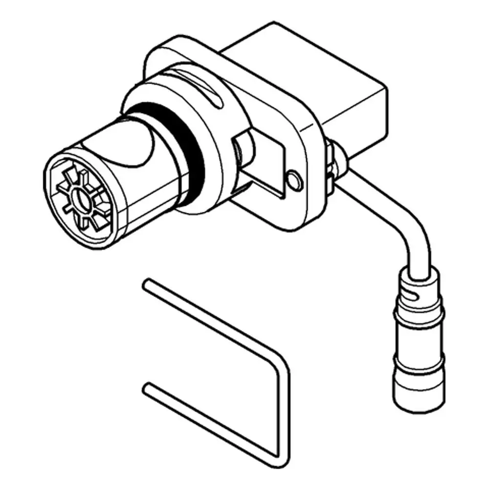 Servomotor von Grohe mit abnehmbarer Verbindung, zylindrischer Form und einem Ausgang, verbunden mit einem flexiblen Schlauch. Enthält eine einfache Halterung.
