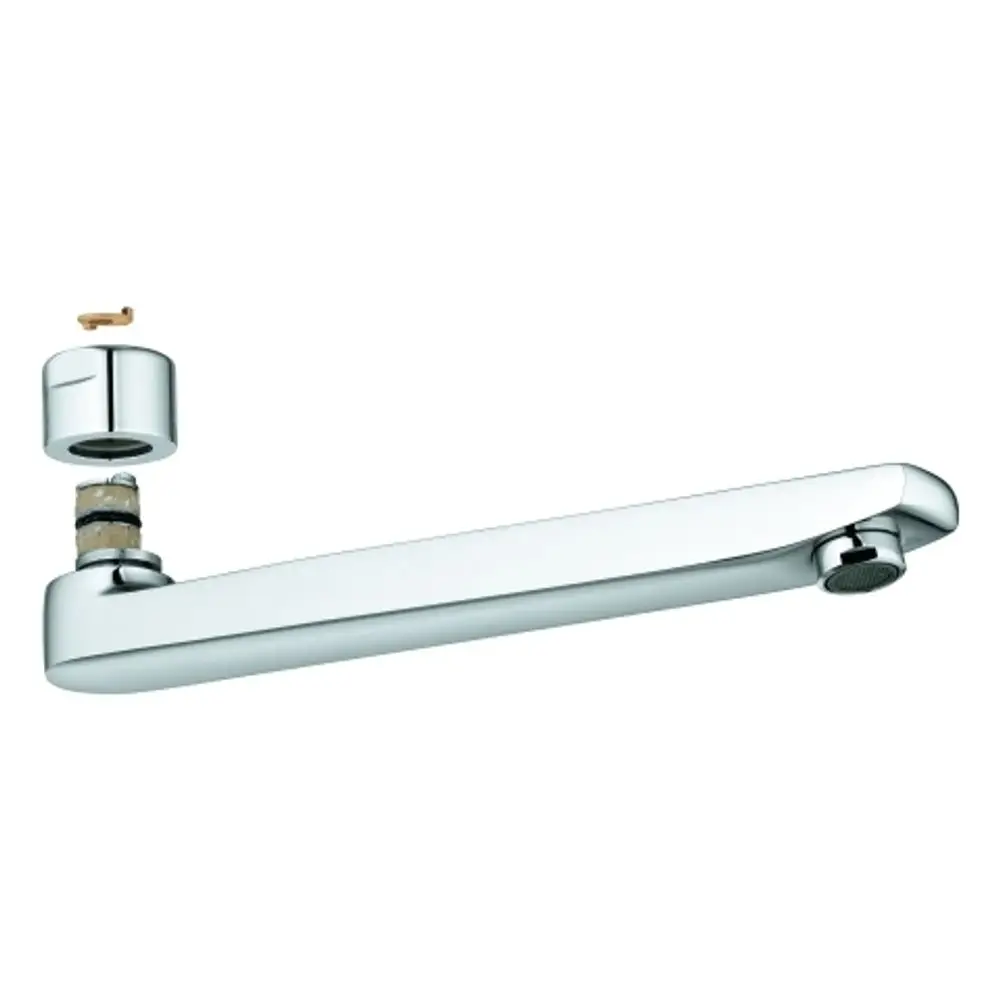 Chromfarbener Auslauf von Grohe mit einer glatten, langen Armatur und einem integrierten Strahlregler, geeignet für eine WT-Batterie.